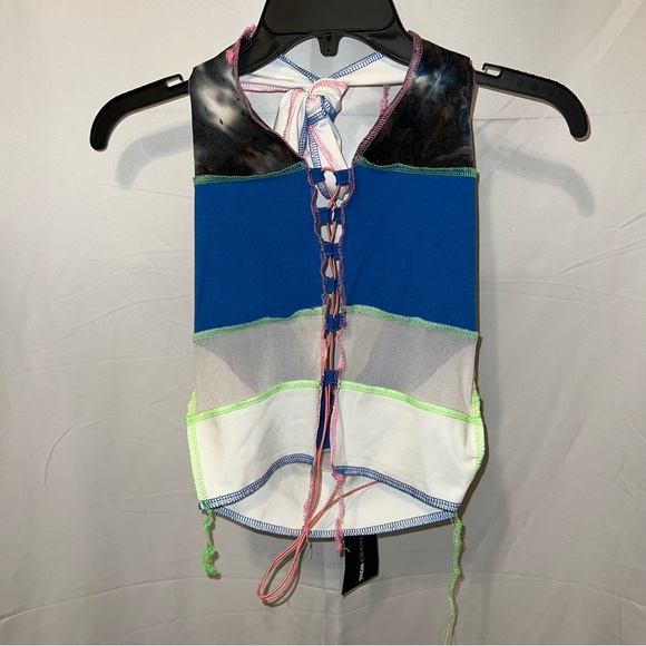 Color It In Colorblock Halter Top - Blue Green Pink Topstitching Distressed - Picture 4 of 16